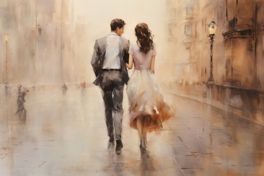 Couple walking on the street city painting wedding adult.