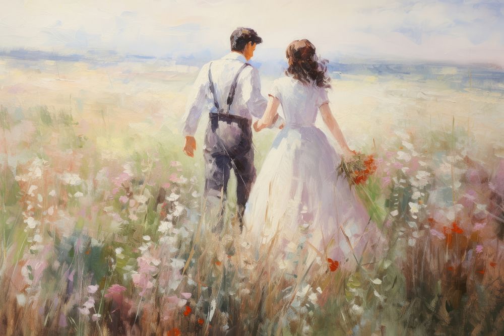 Couple lover walking on the flower field painting outdoors fashion.