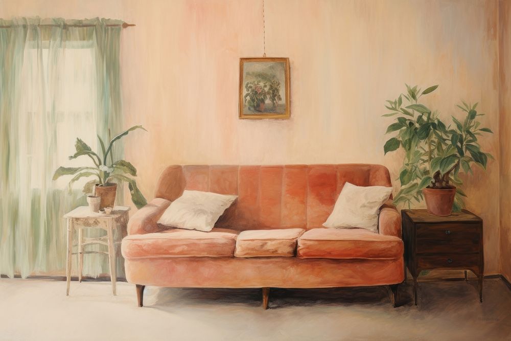 A 1970s vintage cozy living room painting architecture furniture.