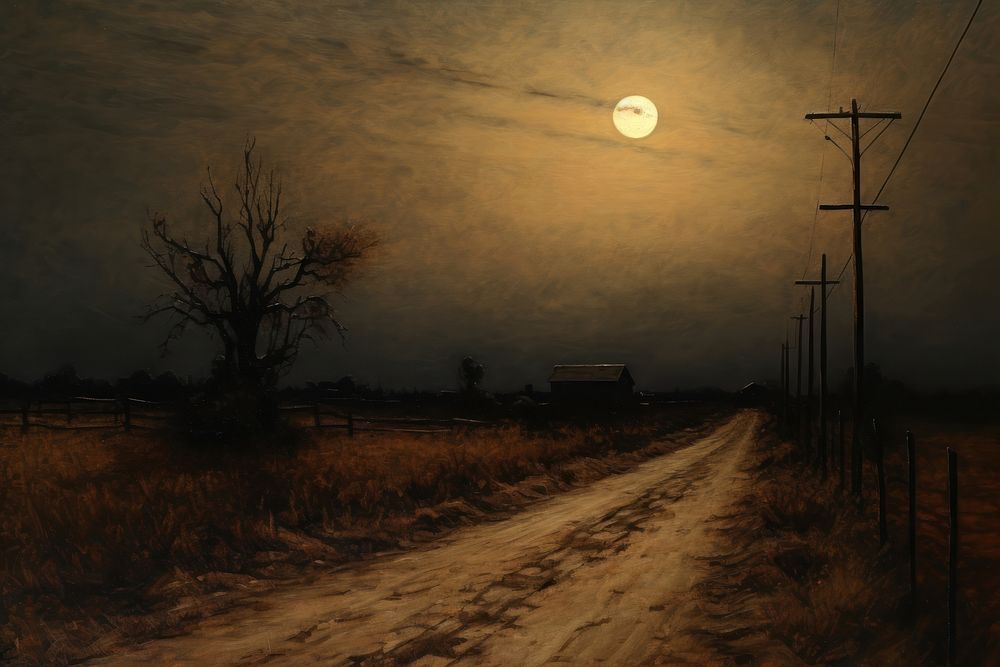 The moon is setting over a country road and power lines night landscape outdoors.