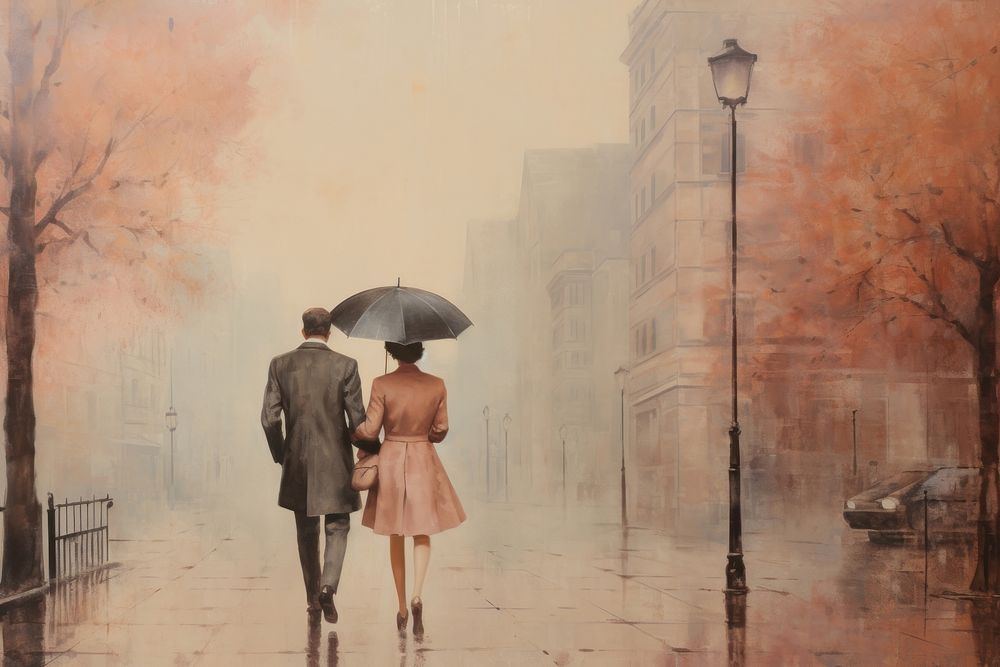 Couple walking on the street city painting outdoors adult.