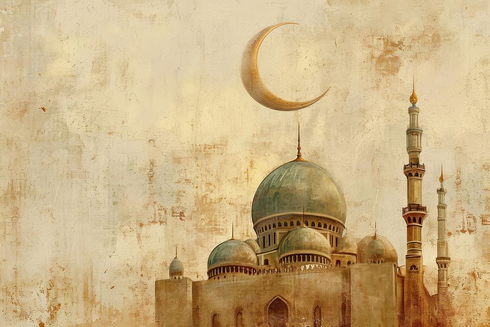 An Islamic Mosque with crescent moon behind and beautiful landscape painting architecture backgrounds.