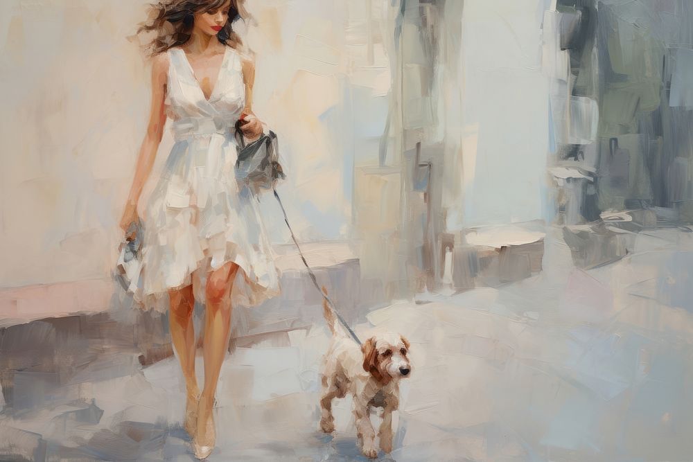 Woman walking with a dog painting mammal adult.