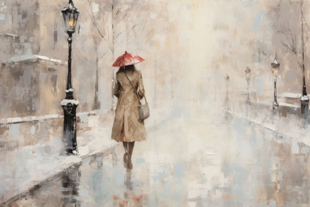 Woman walking on street with snow falling painting coat architecture.