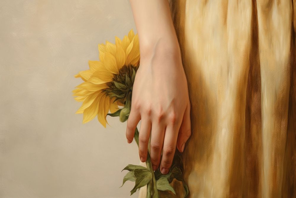 Woman hand holding sunflower painting plant inflorescence.