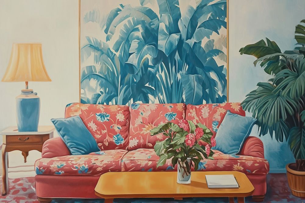 A 1970s vintage cozy living room furniture painting cushion.