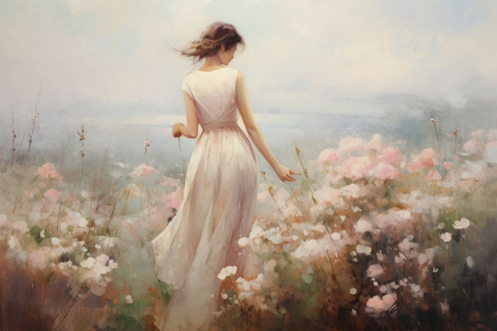 Woman walking on the flower field painting dress contemplation.