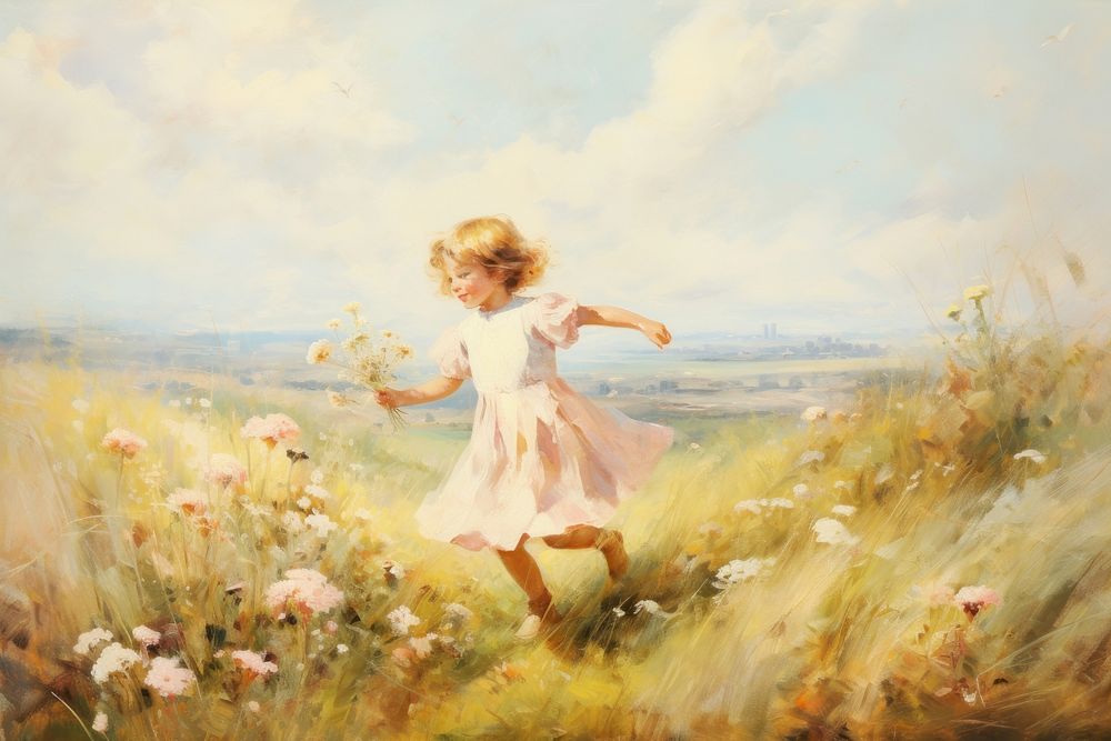 Childs playing on the flower field painting landscape grassland.