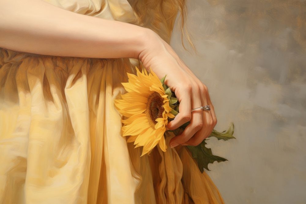 Woman hand holding sunflower painting jewelry dress.