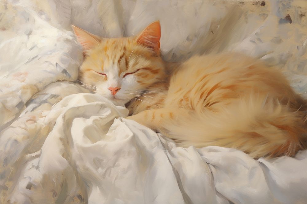 Cat sleeping on the bed painting blanket mammal.