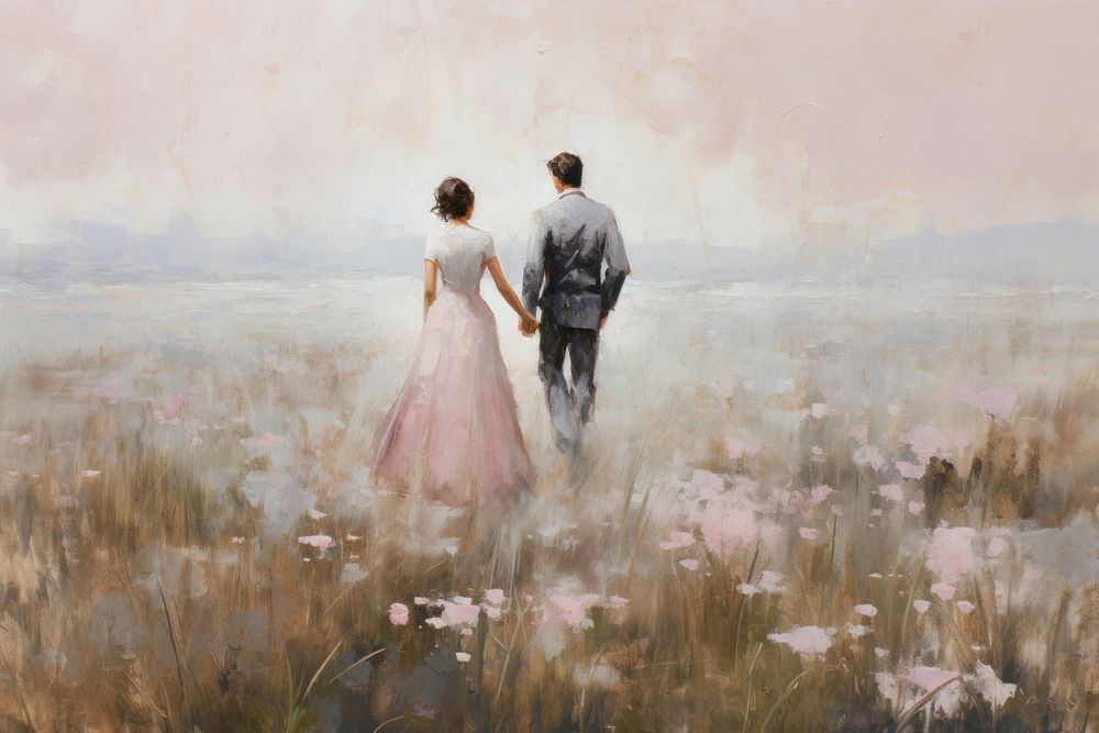 Couple lover walking on the flower field painting wedding adult.