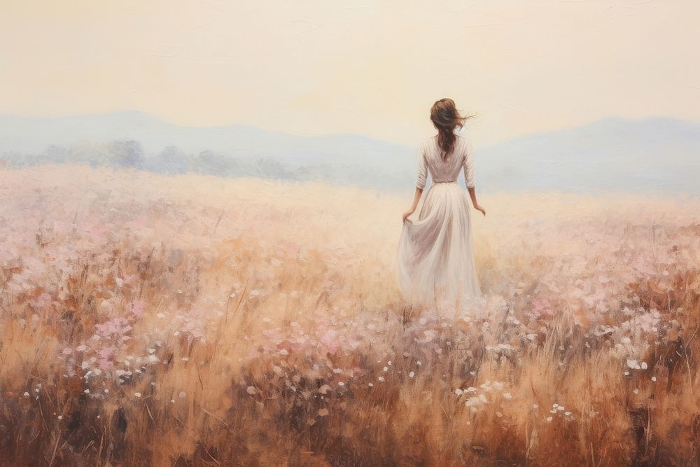 Woman walking on the flower field painting landscape grassland.