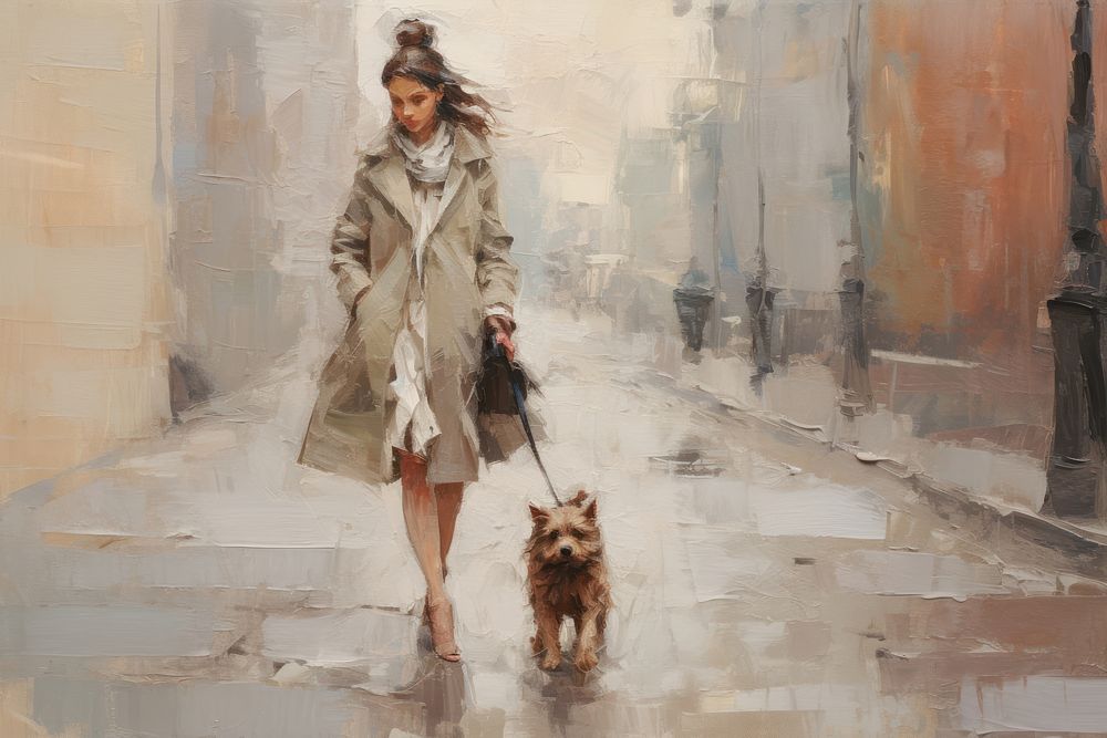 Woman walking with a dog street painting mammal.
