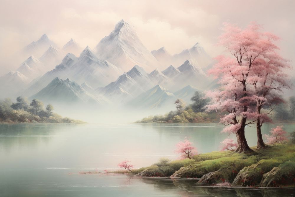 Lake and moutain landscapes outdoors painting nature.