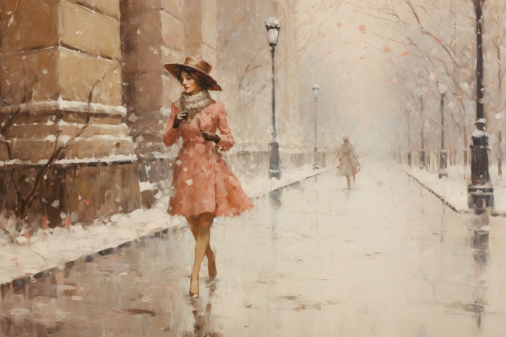 Woman walking on street with snow falling painting outdoors winter.