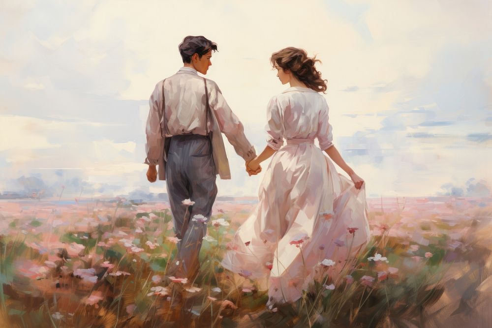 Couple lover walking on the flower field painting adult dress.
