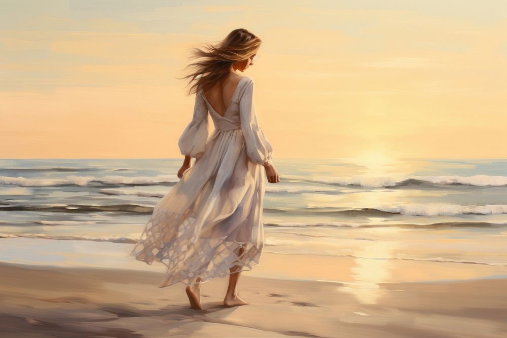 Woman walking on the beach sunrise painting adult tranquility.