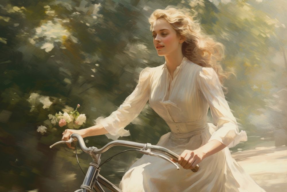 Woman ride a bicycle in the park painting portrait vehicle.