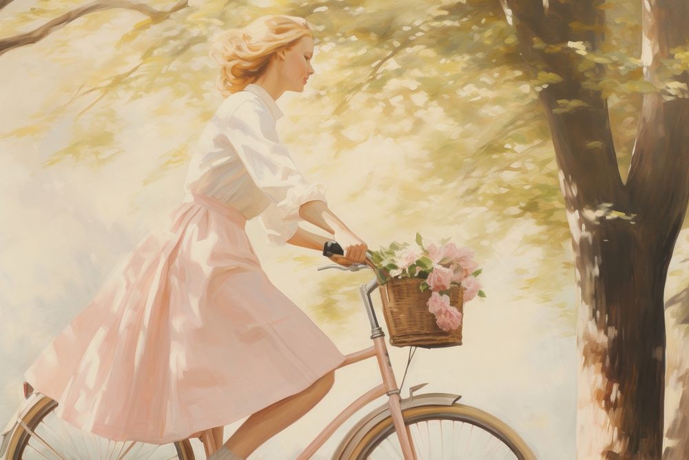 Woman ride a bicycle in the park painting vehicle cycling.