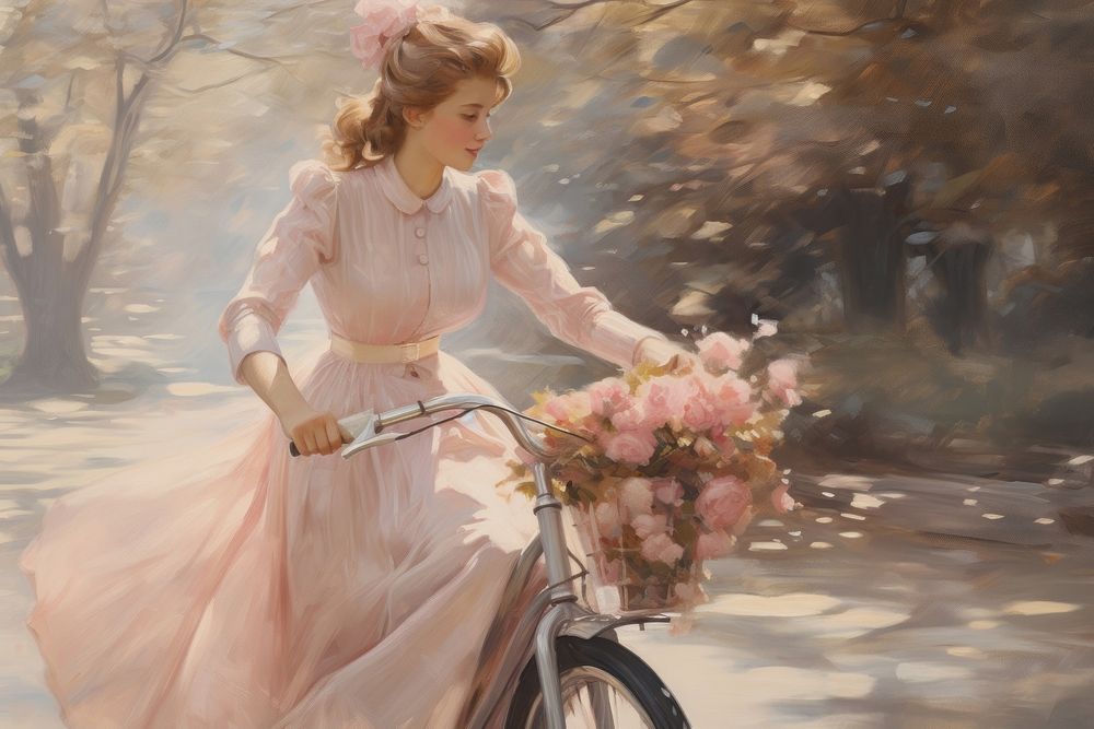 Woman ride a bicycle in the park painting vehicle flower.
