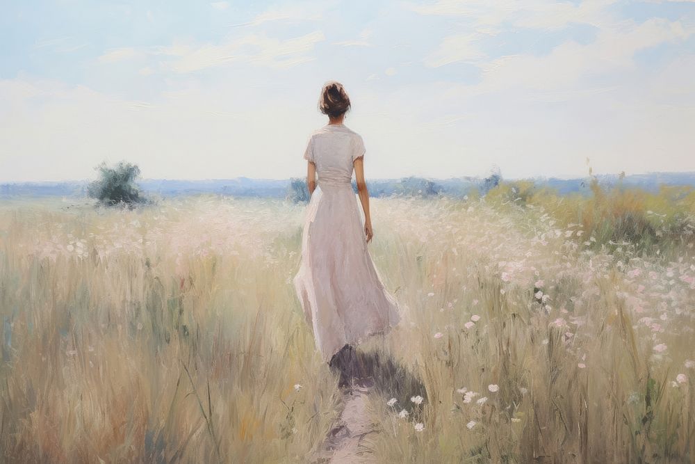 Woman walking on the flower field painting landscape grassland.