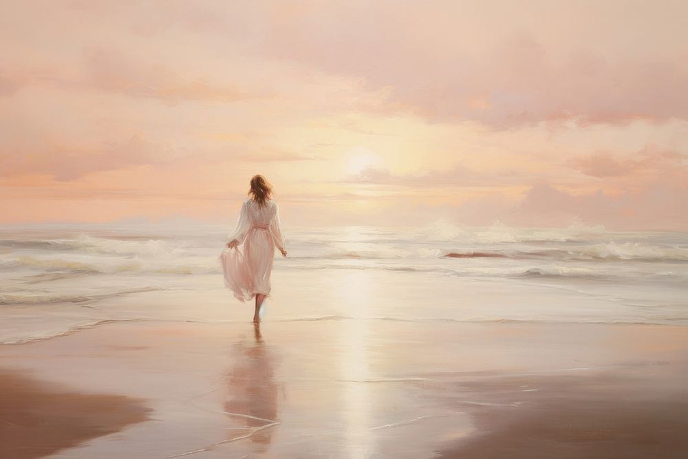 Woman walking on the beach sunrise outdoors painting horizon.