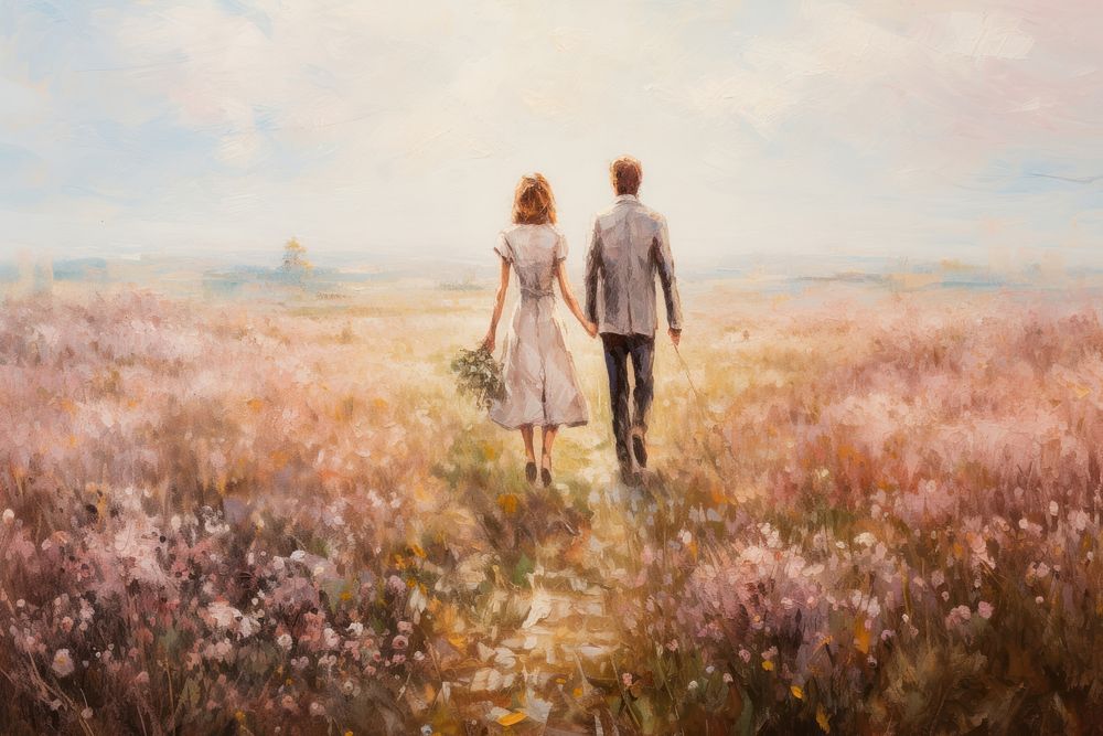 Couple lover walking on the flower field painting adult togetherness.