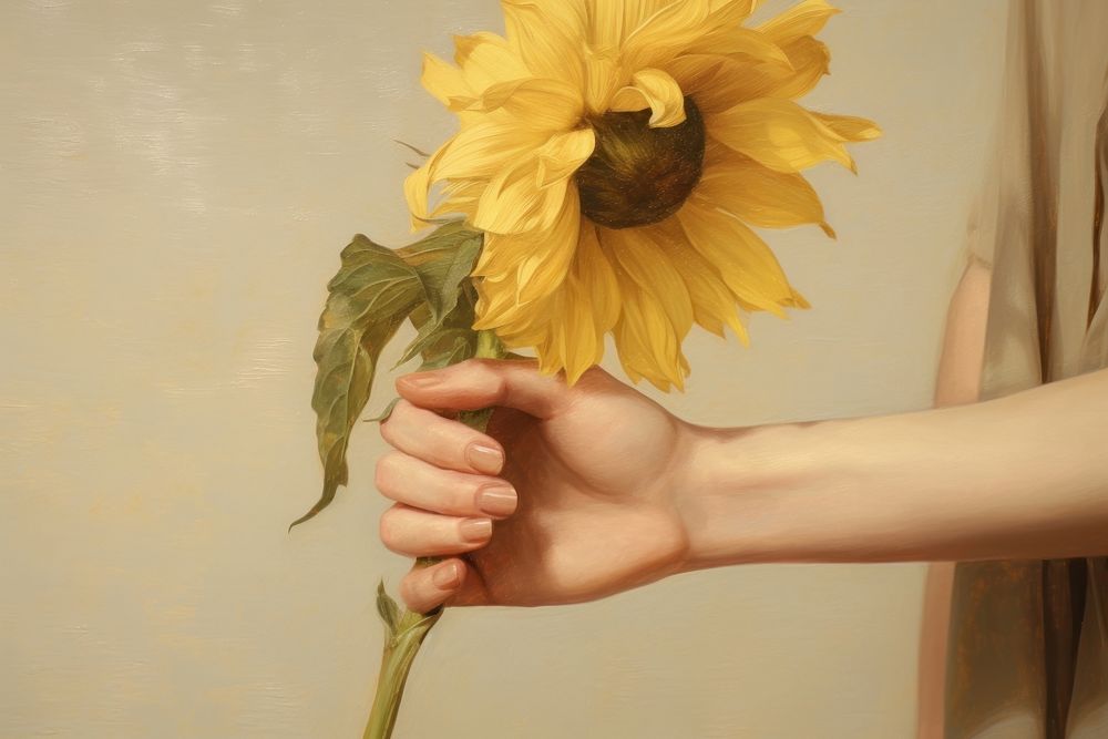 Hand holding sunflower finger petal plant.