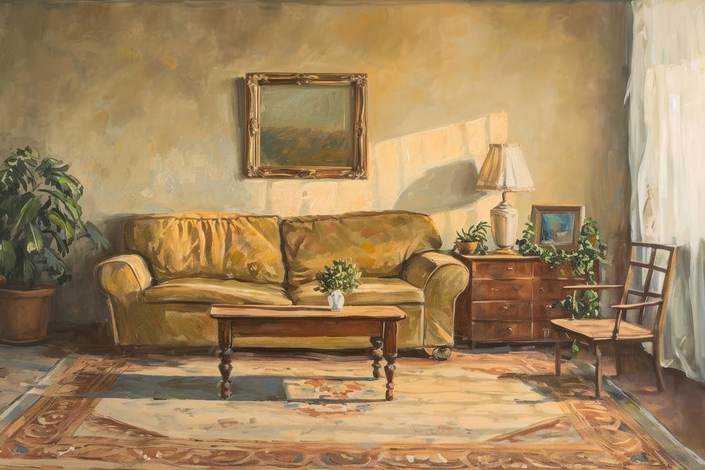 A 1970s vintage cozy living room painting architecture furniture.