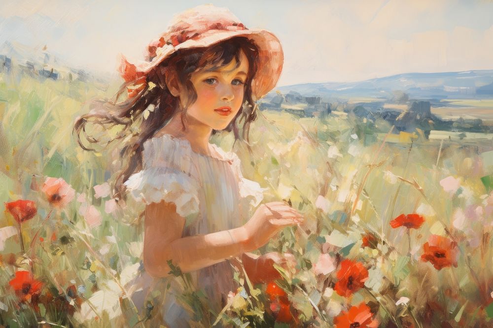 Childs playing on the flower field painting landscape outdoors.