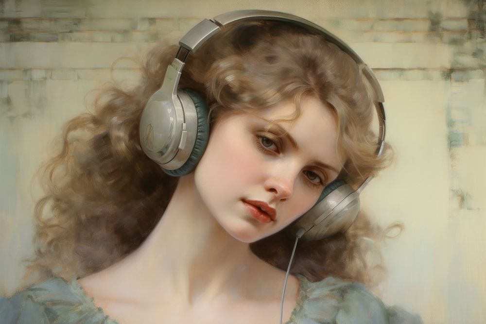 Woman lisining music headphones painting portrait.
