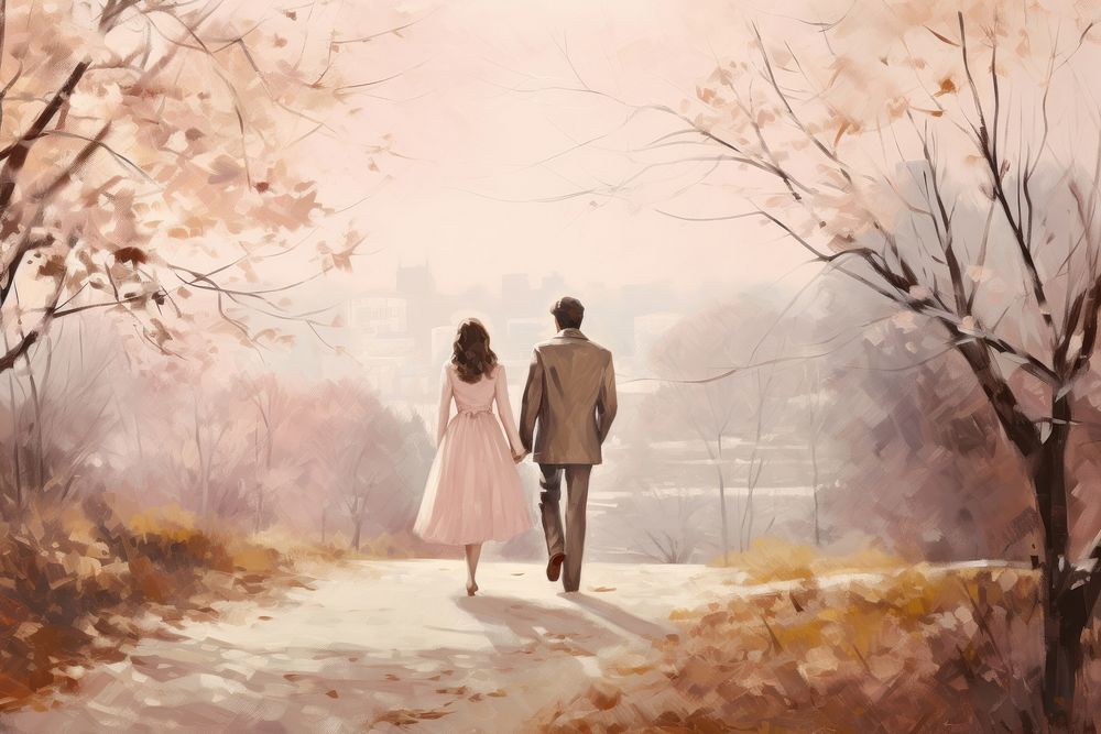 Couple lover walking on the cantre park painting togetherness landscape.