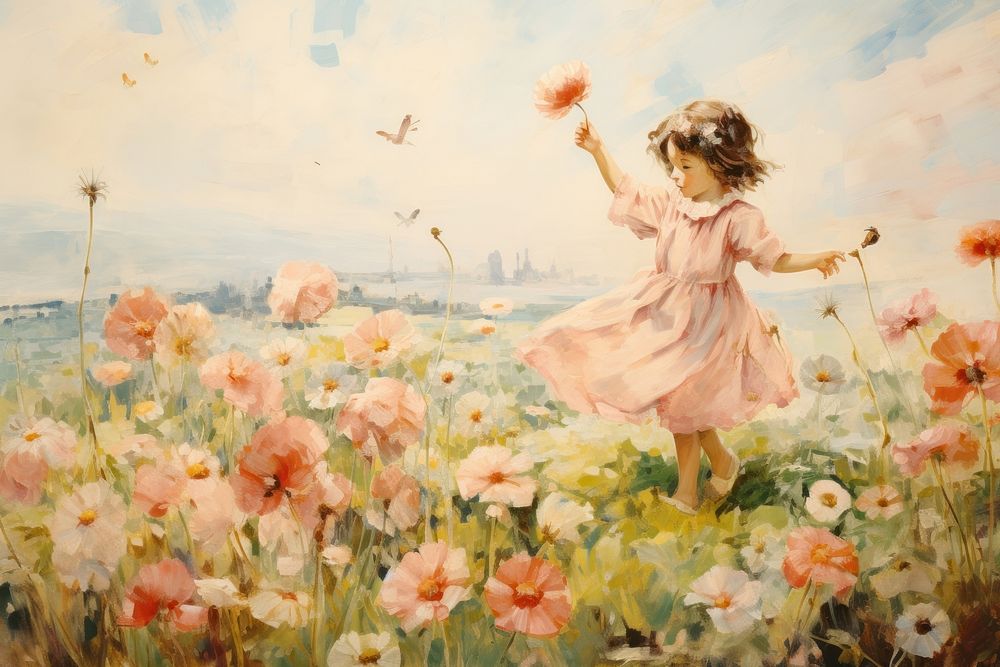 Childs playing on the flower field painting outdoors plant.
