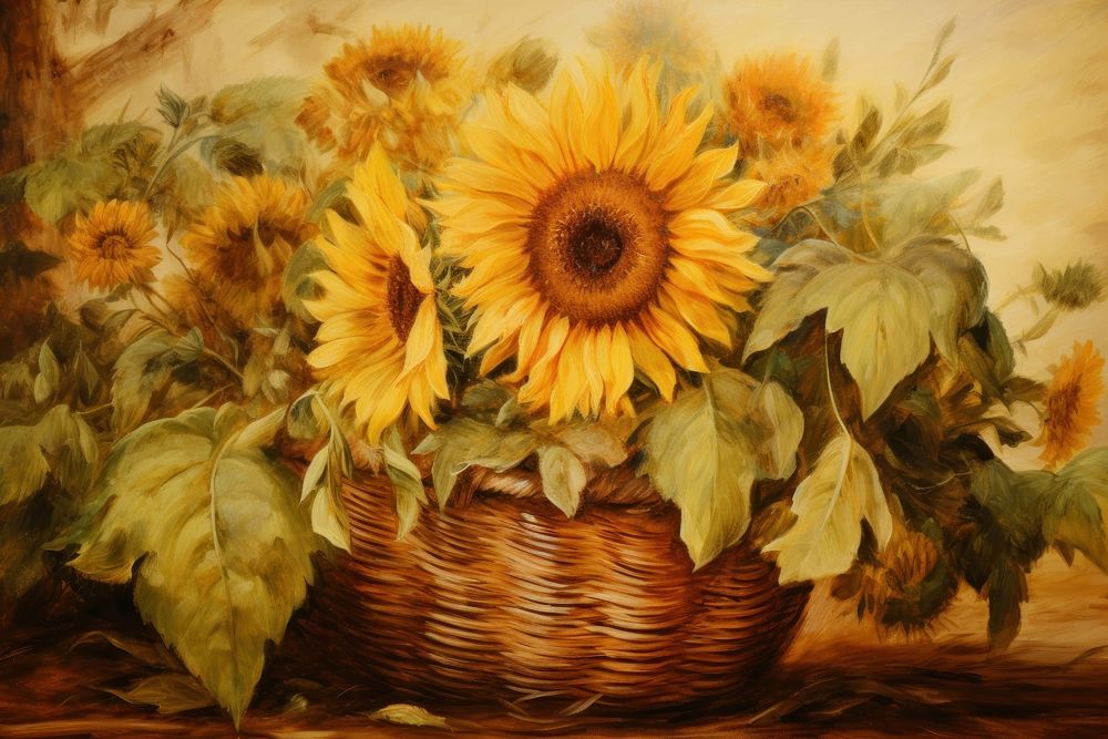 Sunflower in the wood basket painting backgrounds plant.