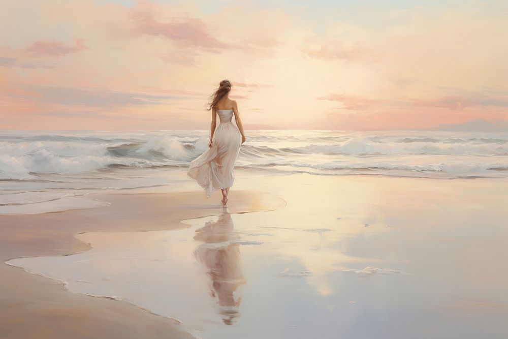 Woman walking on the beach sunrise outdoors painting nature.