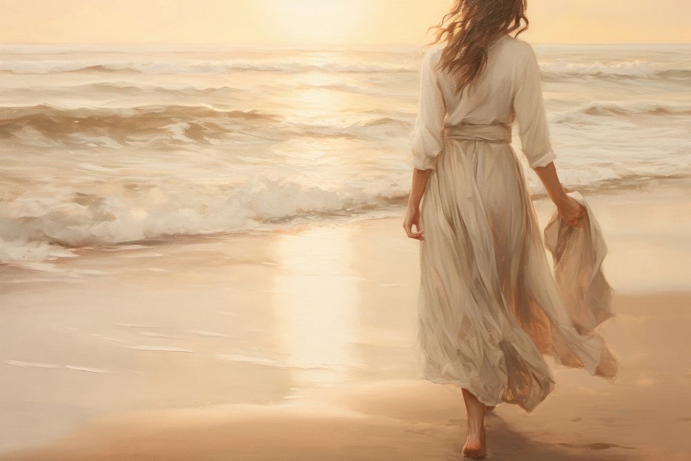 Woman walking on the beach sunrise fashion adult dress.