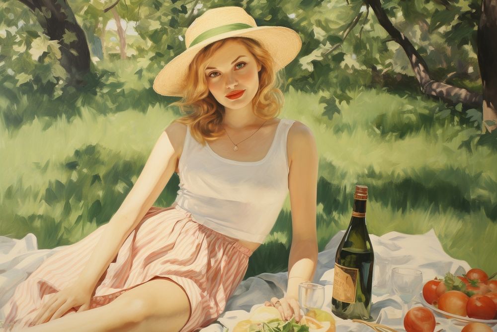 Woman picnic in the park painting outdoors bottle.