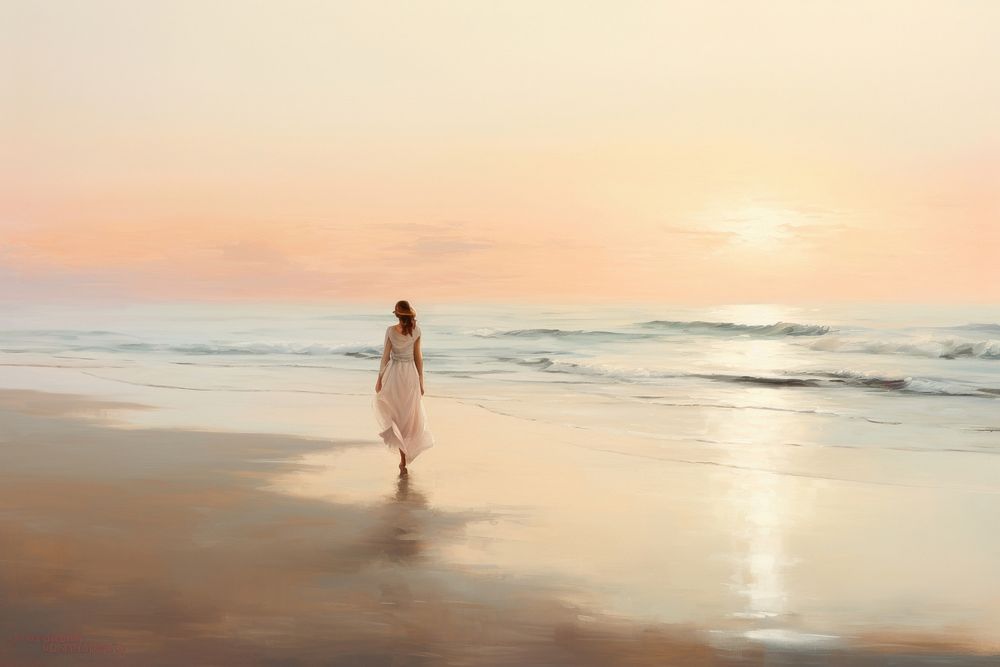 Woman walking on the beach sunrise outdoors painting horizon.