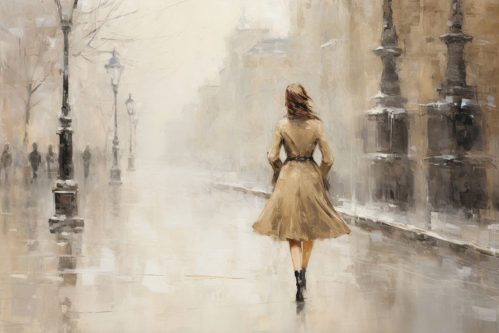 Woman walking on street with snow falling painting footwear adult.