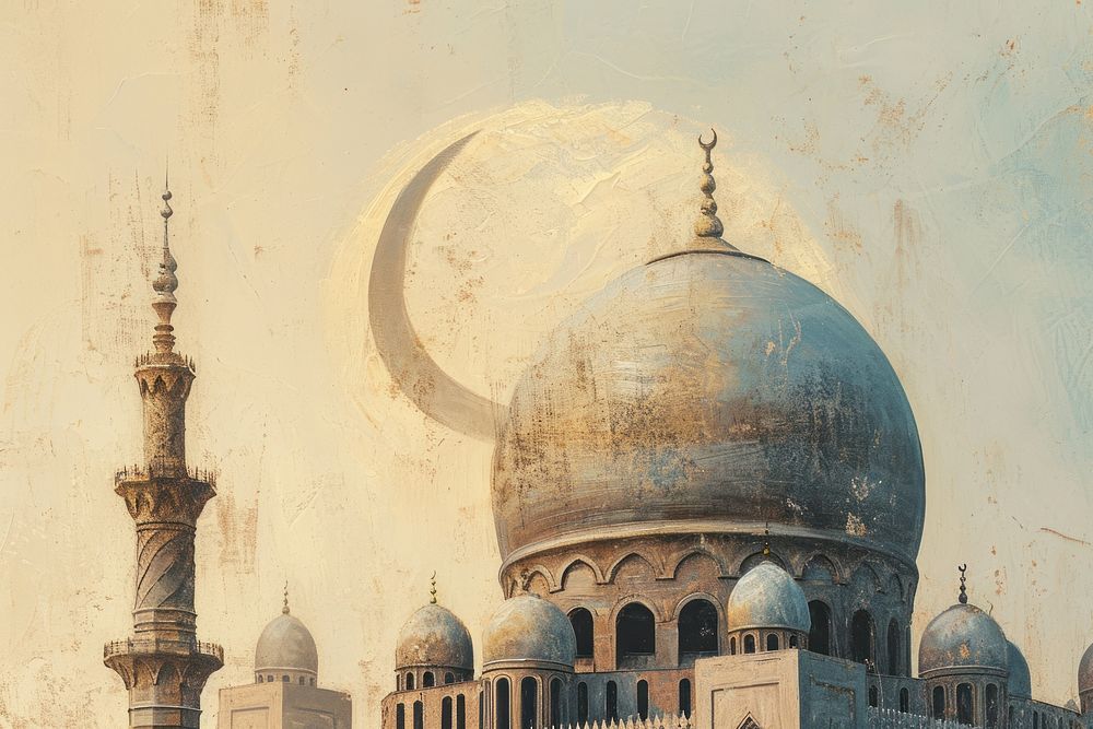 An Islamic Mosque with crescent moon behind and beautiful landscape architecture building painting.