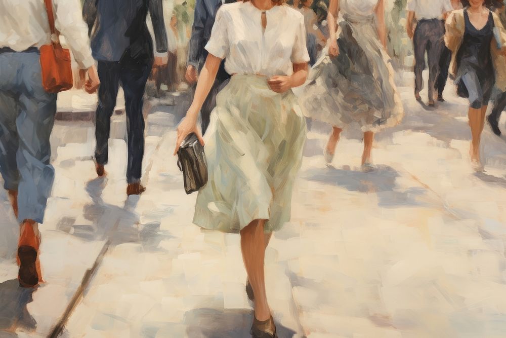 Peoples walking on the street city footwear painting dress.