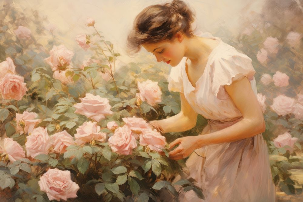 Woman gardening in the rose garden painting flower plant.