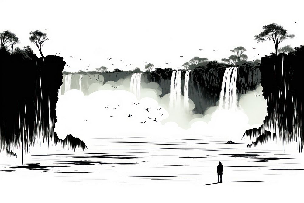 Iguazu falls drawing silhouette waterfall.