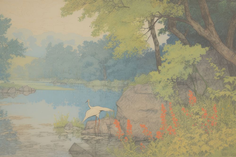 A lake with heron background outdoors painting nature.