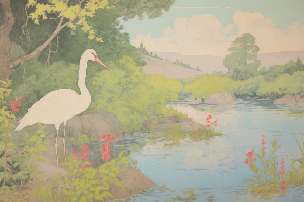 A lake with heron background outdoors painting nature.
