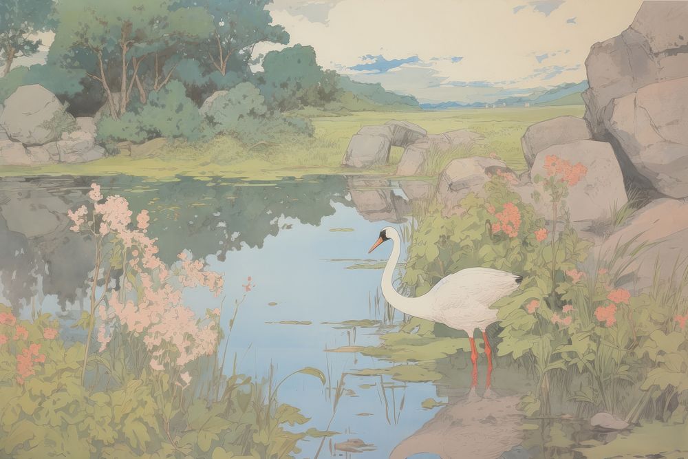 A lake with heron background landscape outdoors painting.