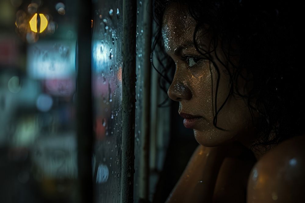 The Latina Brazilian woman feels a deep sense of loneliness adult night rain.