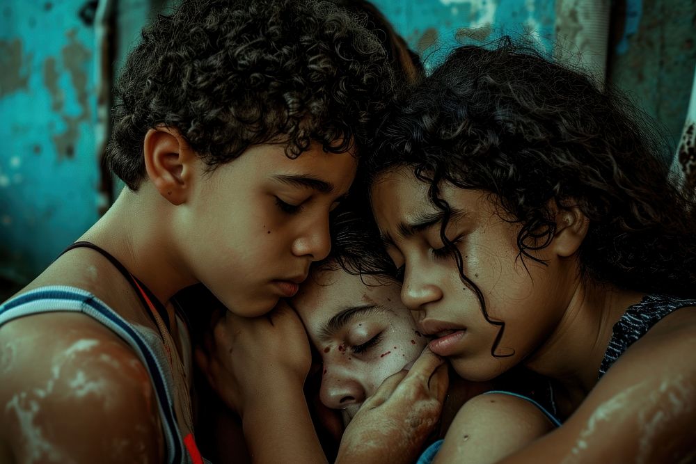 Latin Brazilian teen friends are consoling a friend who is crying heavily togetherness affectionate relaxation.