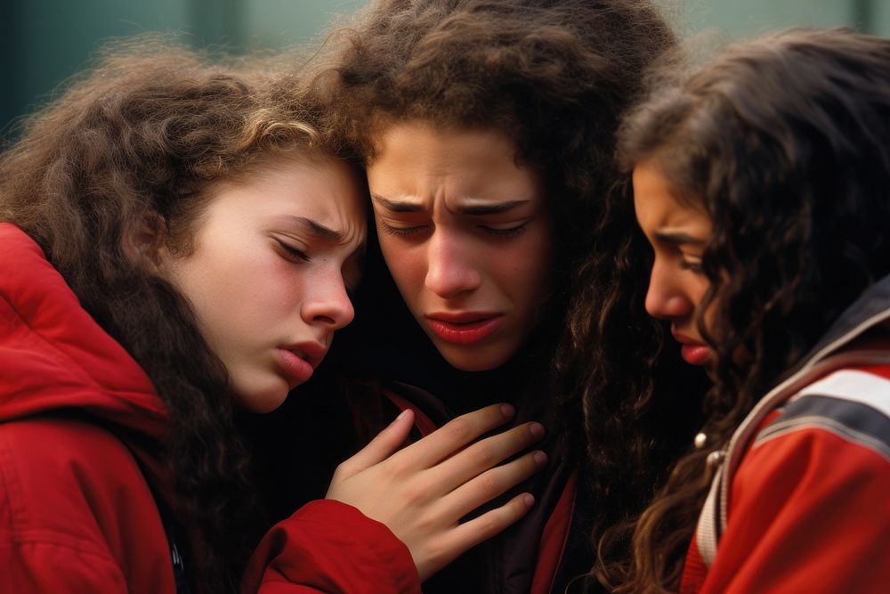 Latin Brazilian teen friends are consoling a friend who is crying heavily adult togetherness hopelessness.