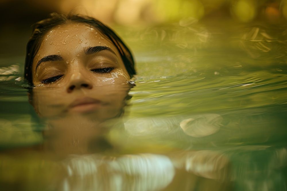 The reflection in water captures a positive Latina Brazilian woman portrait swimming adult.